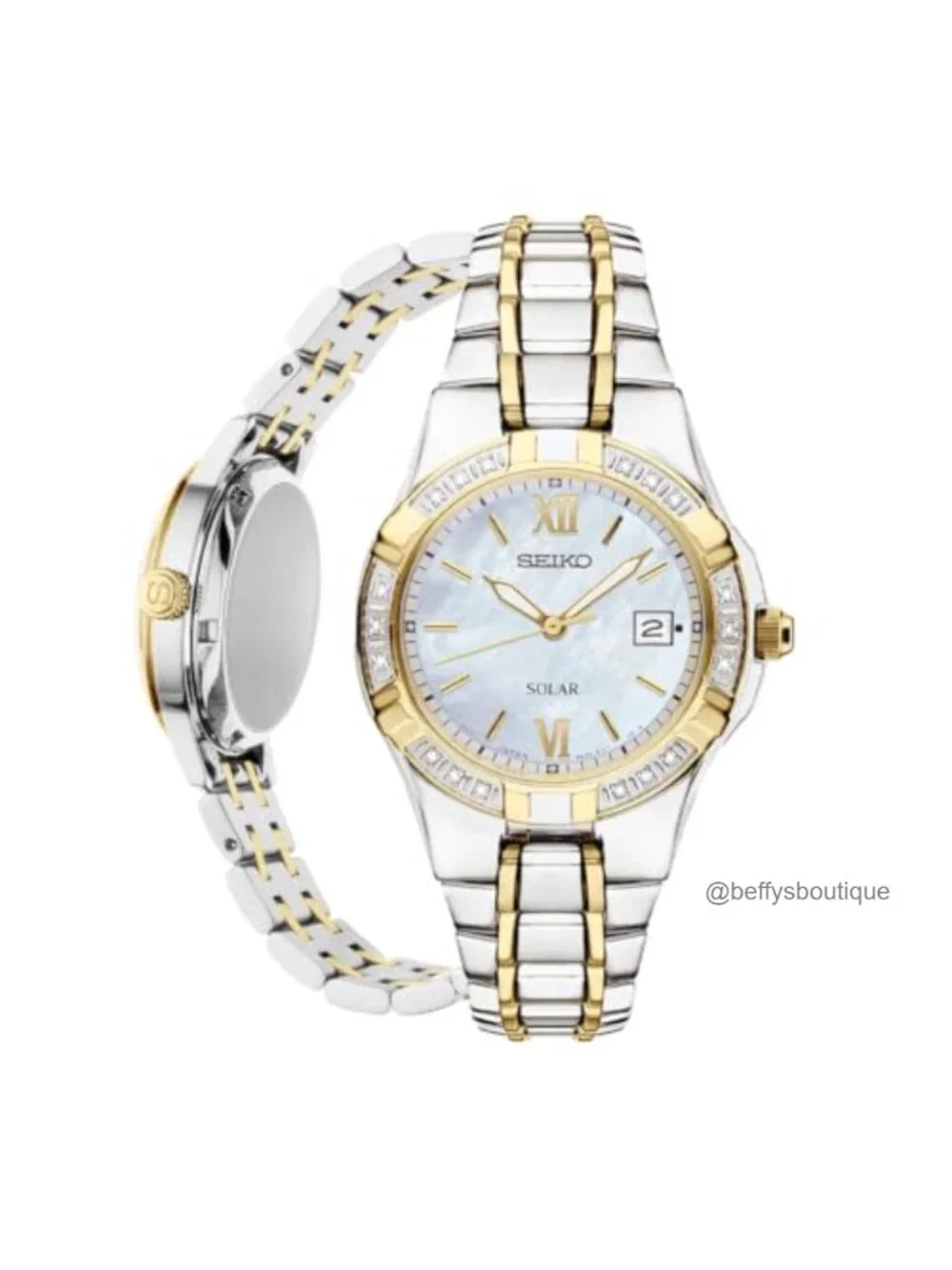 Solar Powered Women's Watch - Diamond Accents, Mother-of-Pearl Dial, Two-Tone